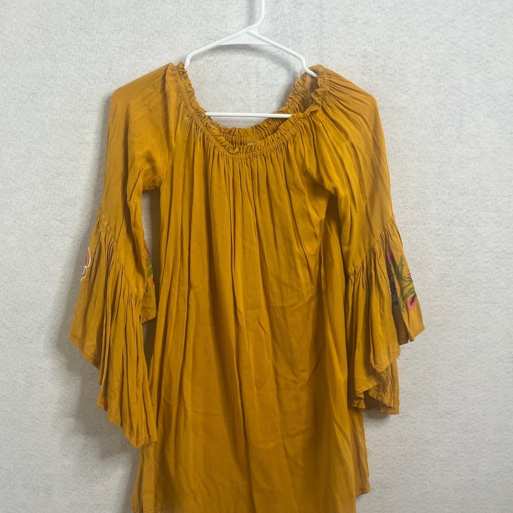 Mustard Embroidered Bell Sleeve Peasant Boho Tunic Top - Picture 1 of 7